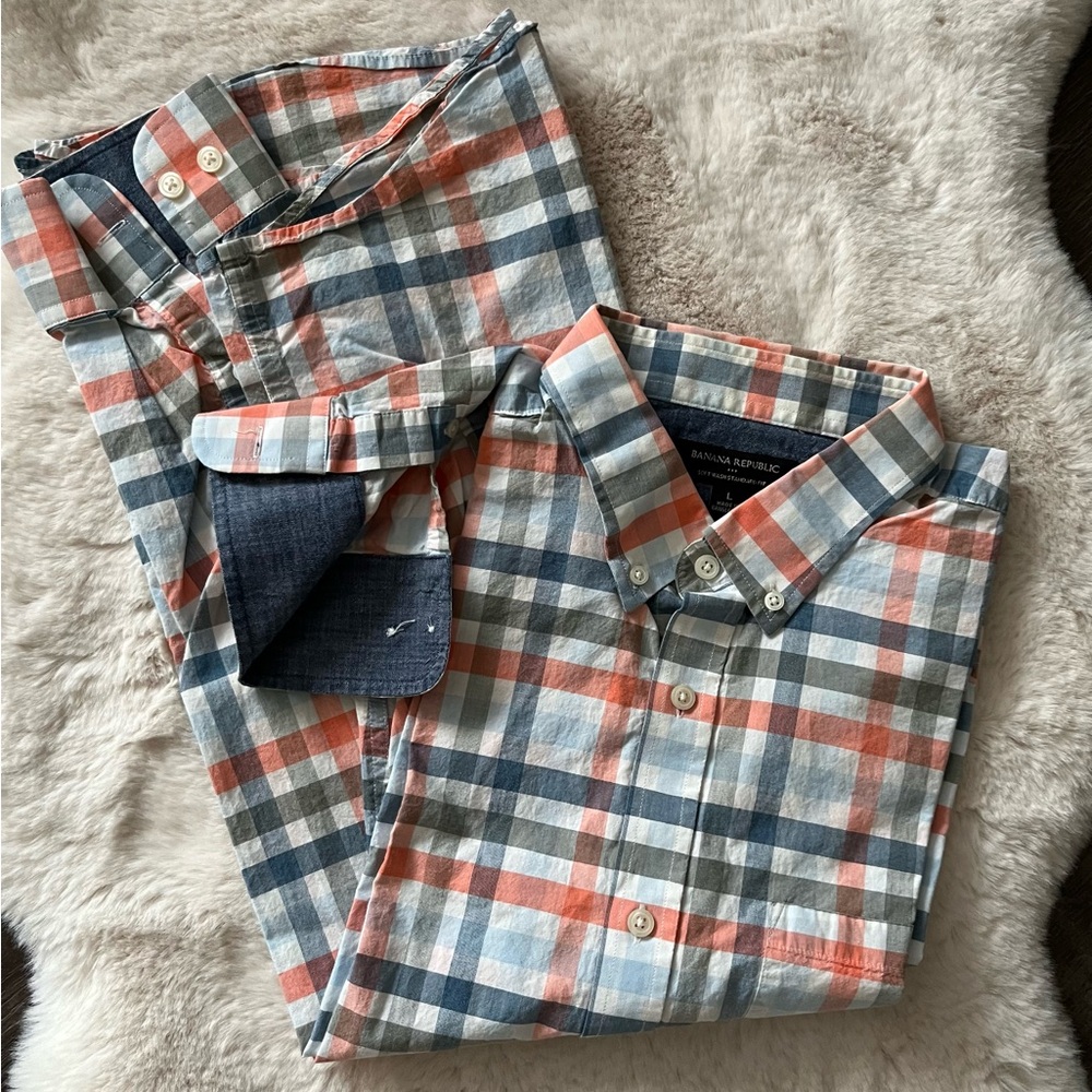 Banana Republic Men's Blue‎ and Orange Plaid Shirt